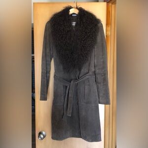 Marvin Richards Dark Brown Suede coat with real curly lamb Collar